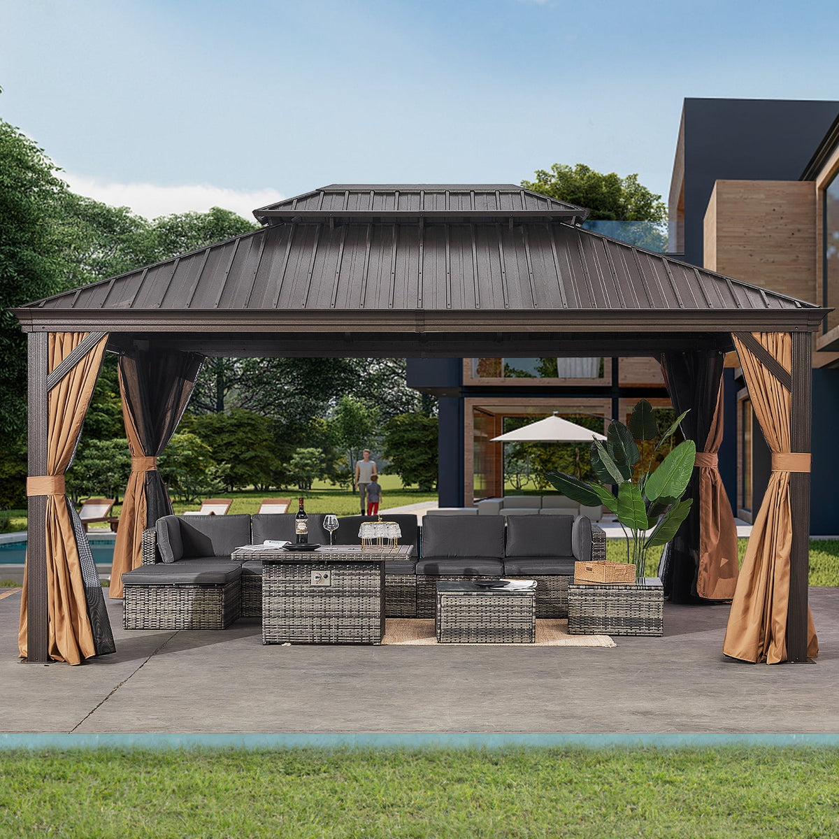 10'x12' Hardtop Steel Aluminum Gazebo with Curtains and Netting Z493