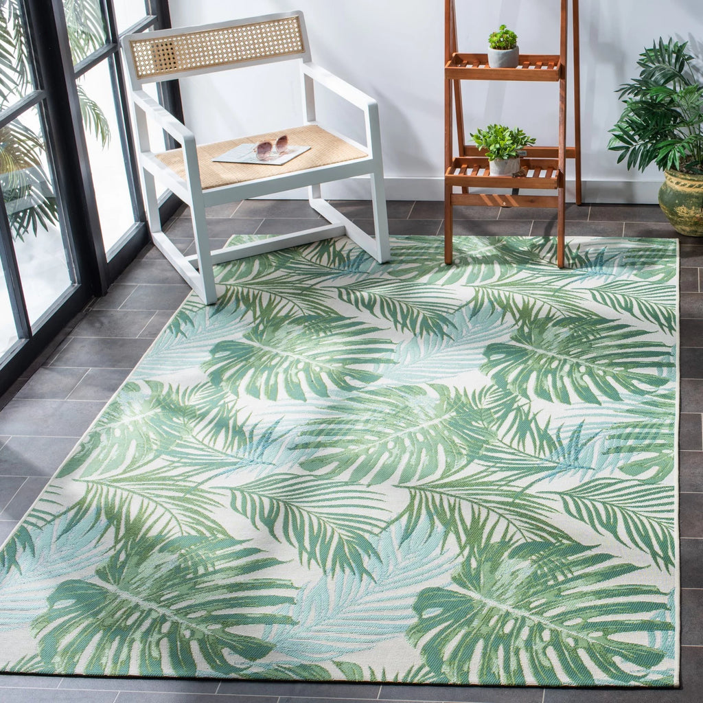 Green/Teal Tropical Palm Leaves Outdoor Area Rug T735