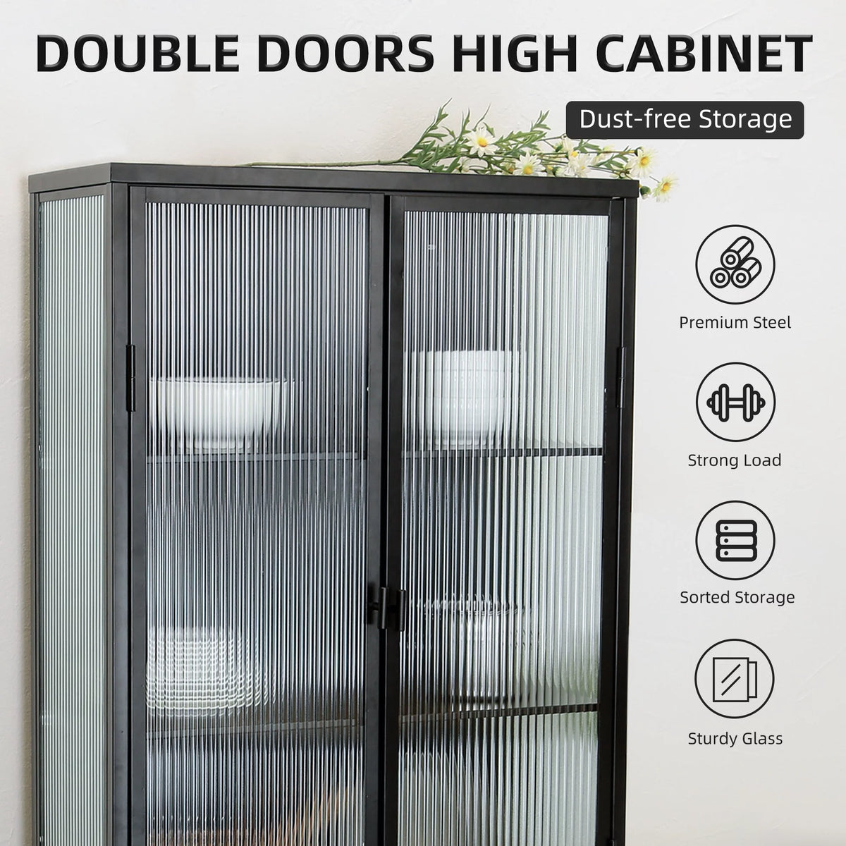 Black Fluted Glass High Cabinet with Dual Doors Q273459