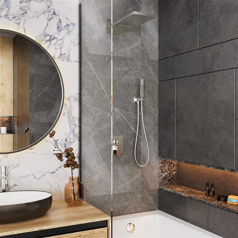1-Handle 3-Spray Wall Mount Shower Faucet with 9 in. Rainfall Shower Head in Brushed Nickel R782036