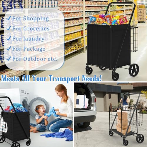 Heavy Duty Folding Shopping Cart with Double Basket, 360° Swivel Wheels, Waterproof Bag E450
