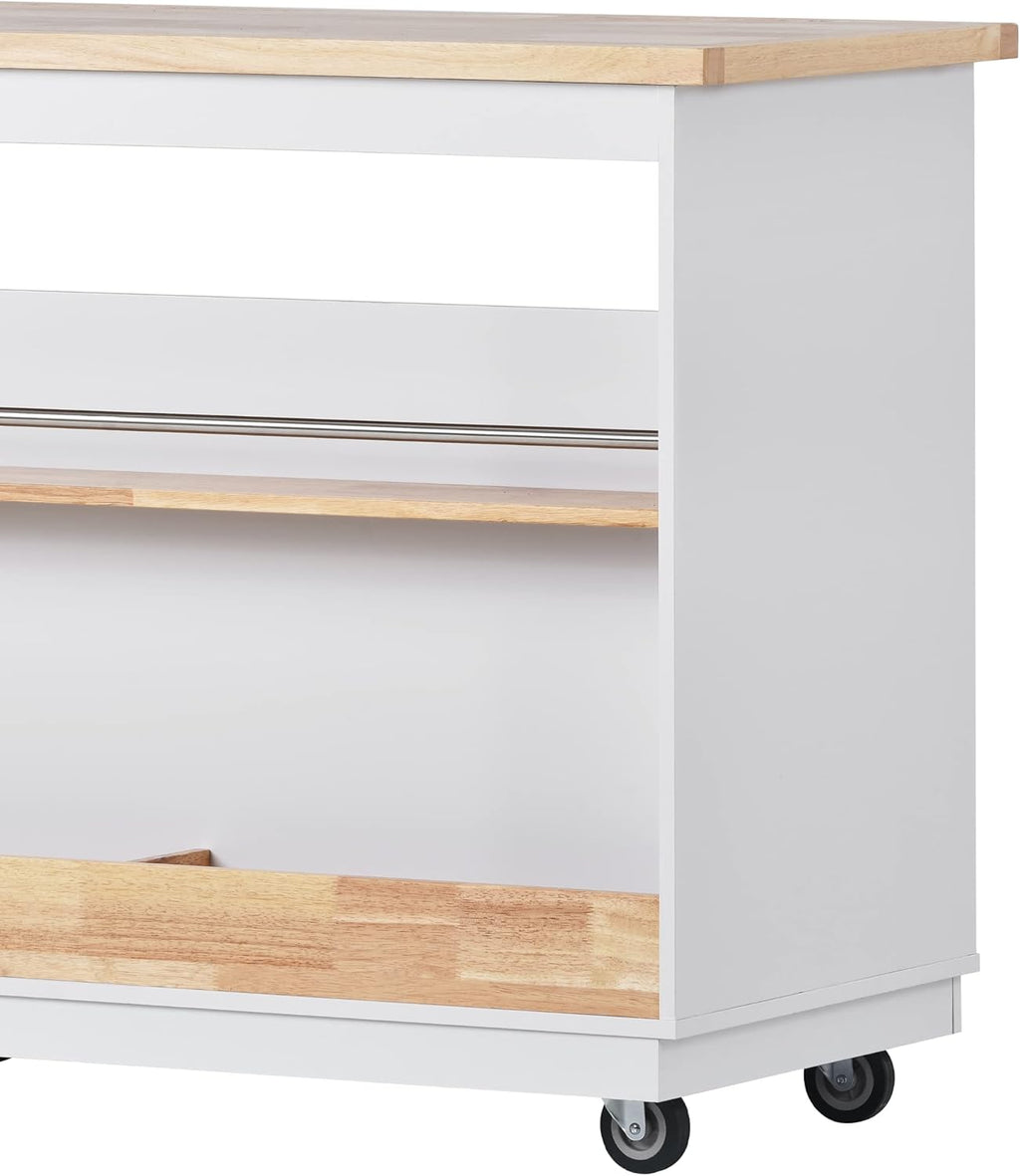 White Rolling Kitchen Island with RubberWood Top, 2 Drawers T912062