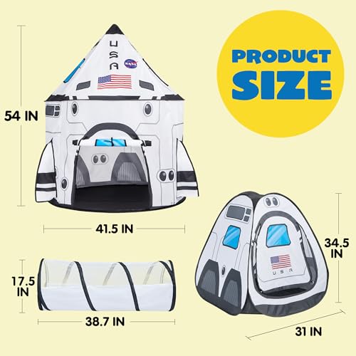 White Rocket Ship Pop up Play Tent with Tunnel and Playhouse Kids Indoor Outdoor Spaceship Tent Set G116