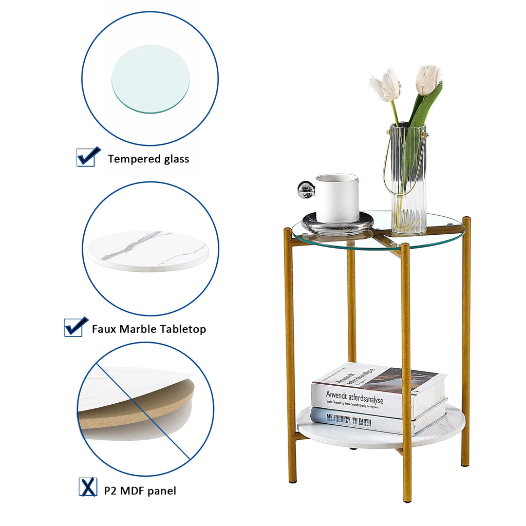 2 Layer Glass Top End Table with Metal Leg Y747935