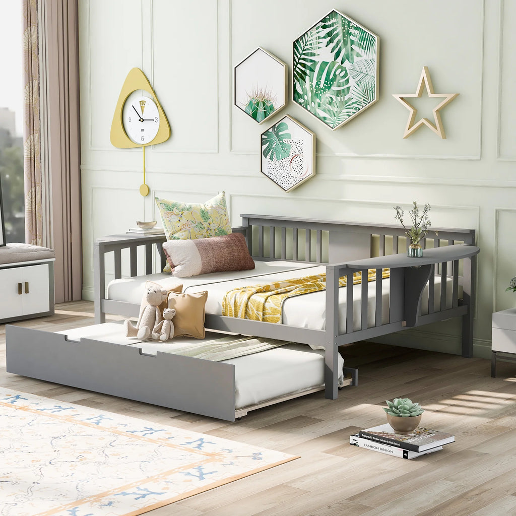 Grey Full Size Wood Bed Frame with Casters W24379