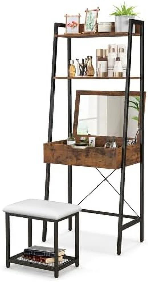 Vanity Table Set with Flip Top Mirror and Cushioned Stool Q2181