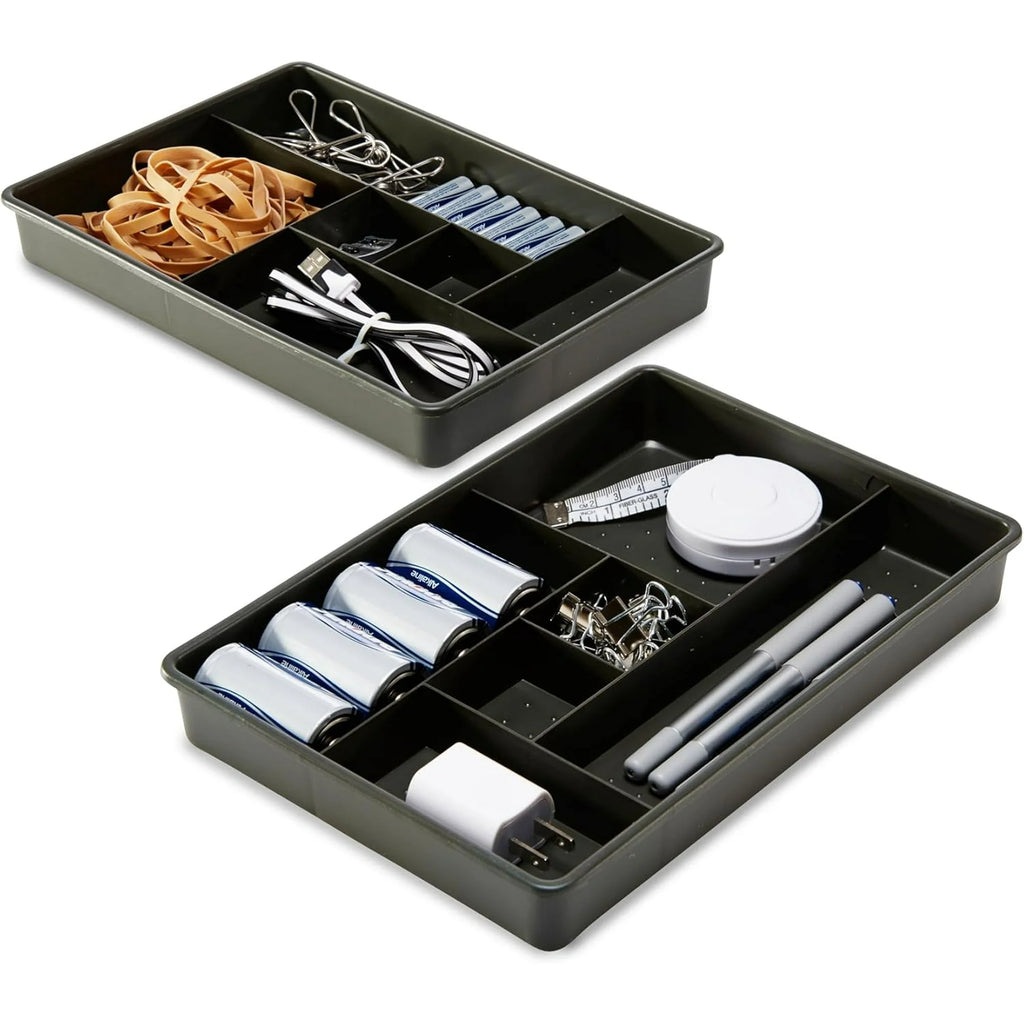 Set of 2 Plastic 6-Compartment Drawer Organizer Trays, Granite, 10.75 x 7.5 x 2.6 inches T58723