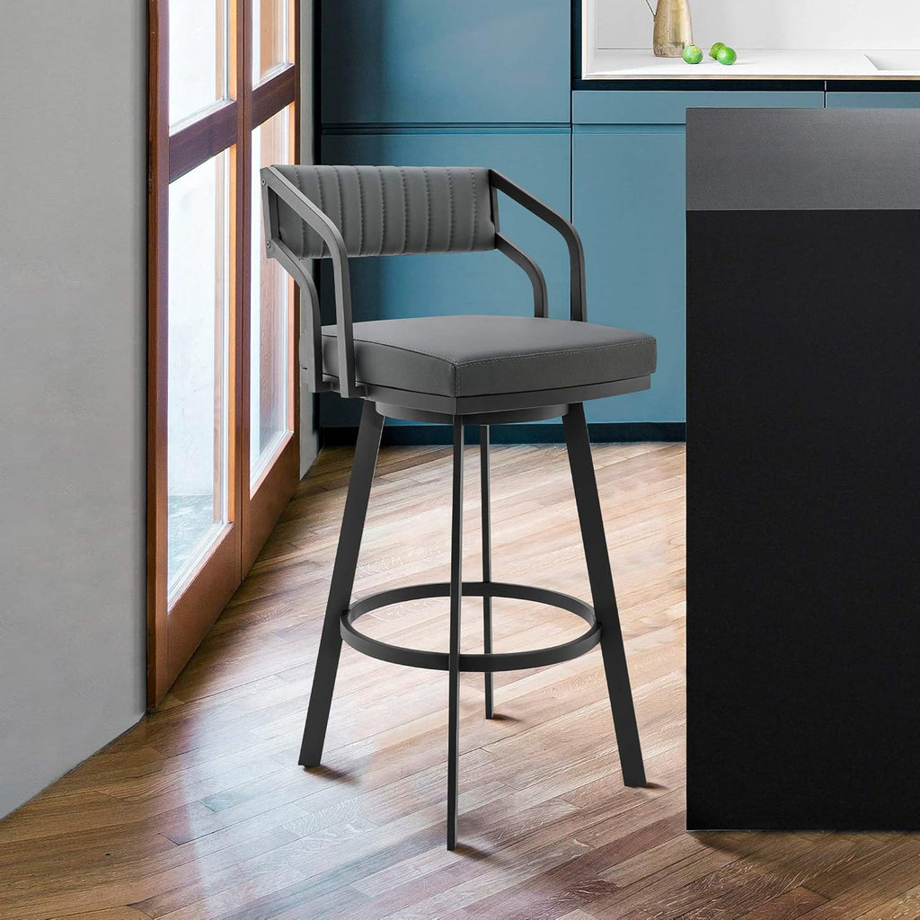 26 Counter Height Swivel Barstool with Black Finish and Slate Grey Faux Leather Y33206