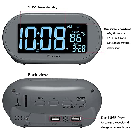 Auto Set Digital Desk Clock with Dimmable Brightness Dimmer, USB Port, Date, Temperature, Snooze K17034