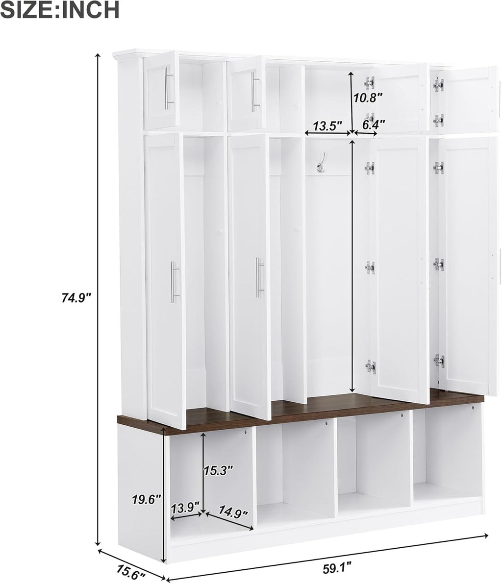White Wide Entryway Hall Tree with Storage Bench & Shoe Cube Storage, 8 Cabinets, Coat Rack D464