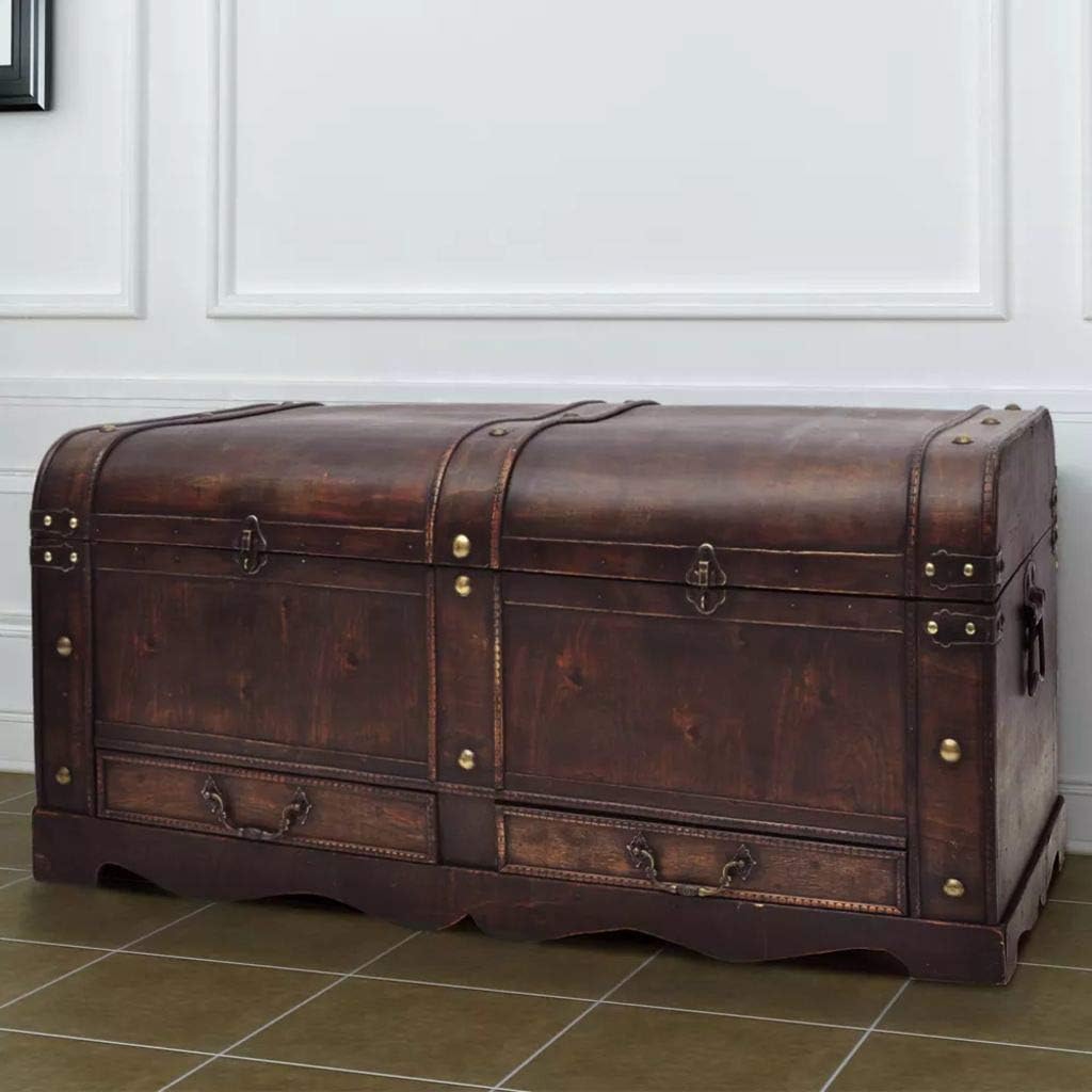 Vintage Wooden Treasure Chest Storage Trunk with 2 Drawers H179