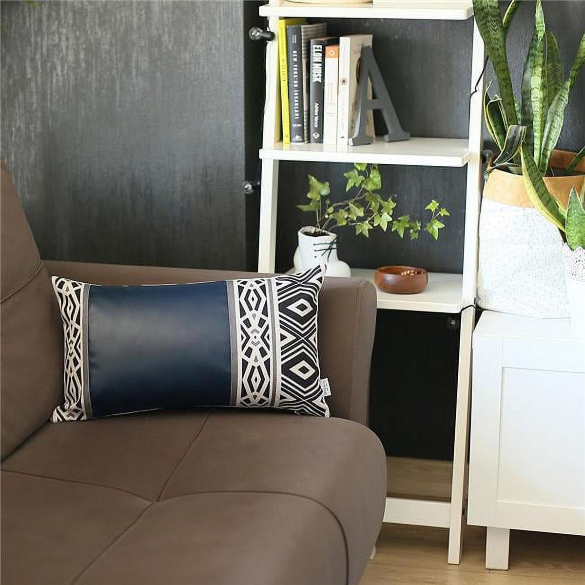 Blue Faux Leather Bohemian Lumbar Throw Pillow Y43709