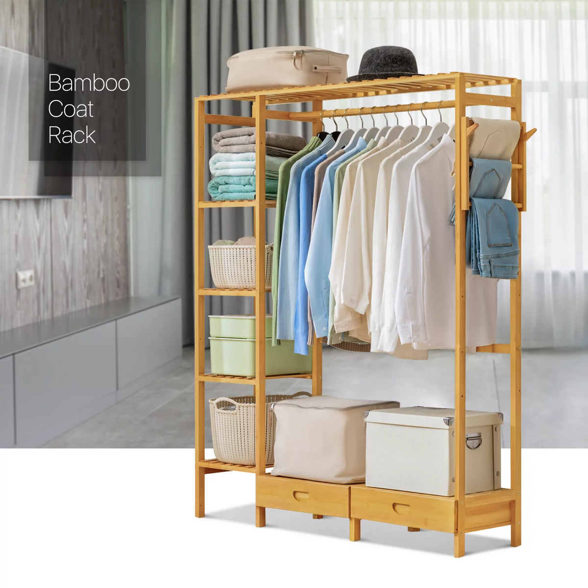 Bamboo 2 Drawers Coat Pants Rack Wardrobe B938413