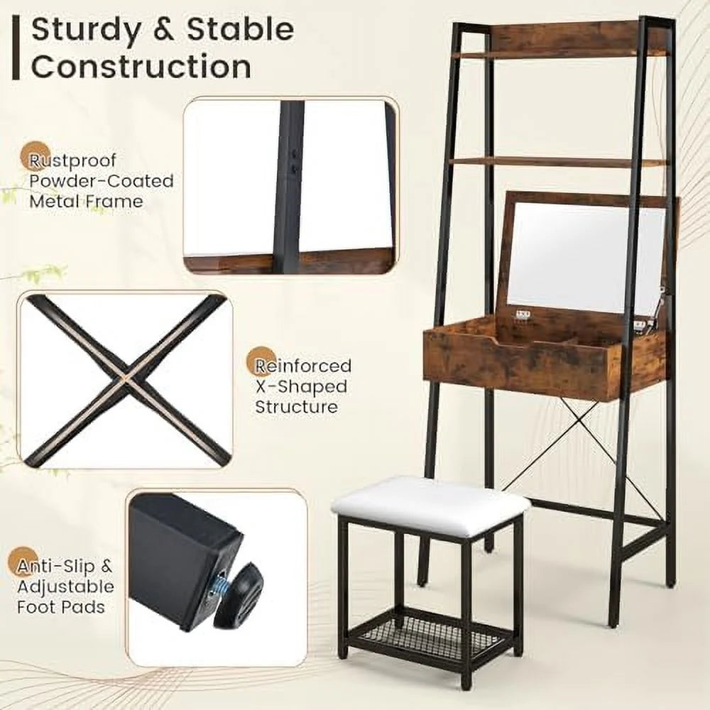 Vanity Table Set with Flip Top Mirror and Cushioned Stool Q2181