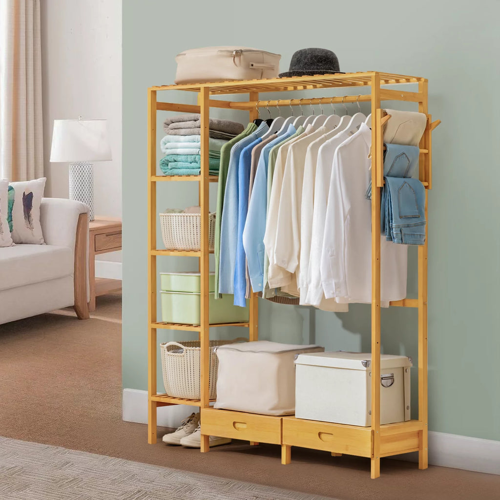 Bamboo 2 Drawers Coat Pants Rack Wardrobe B938413