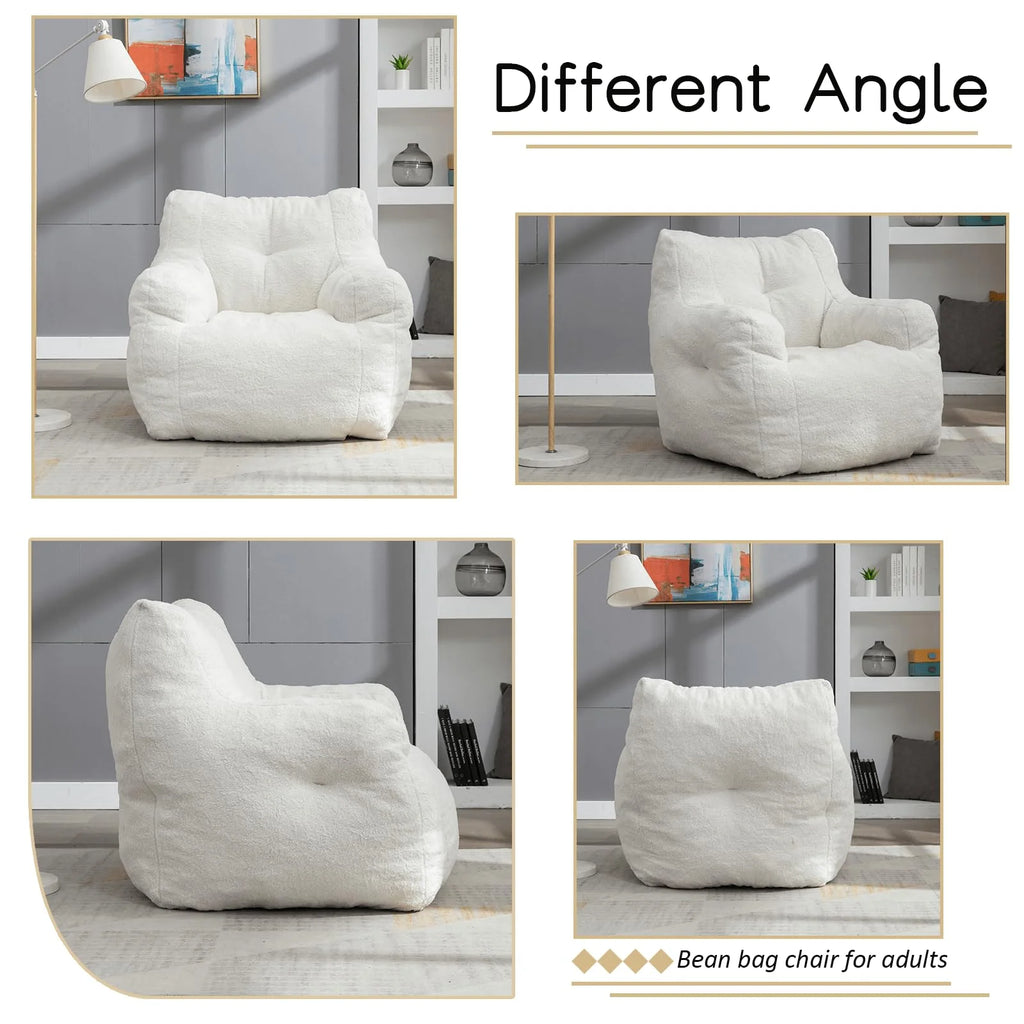 White Tufted Teddy Fabric Bean Bag Sofa with Armrest C677