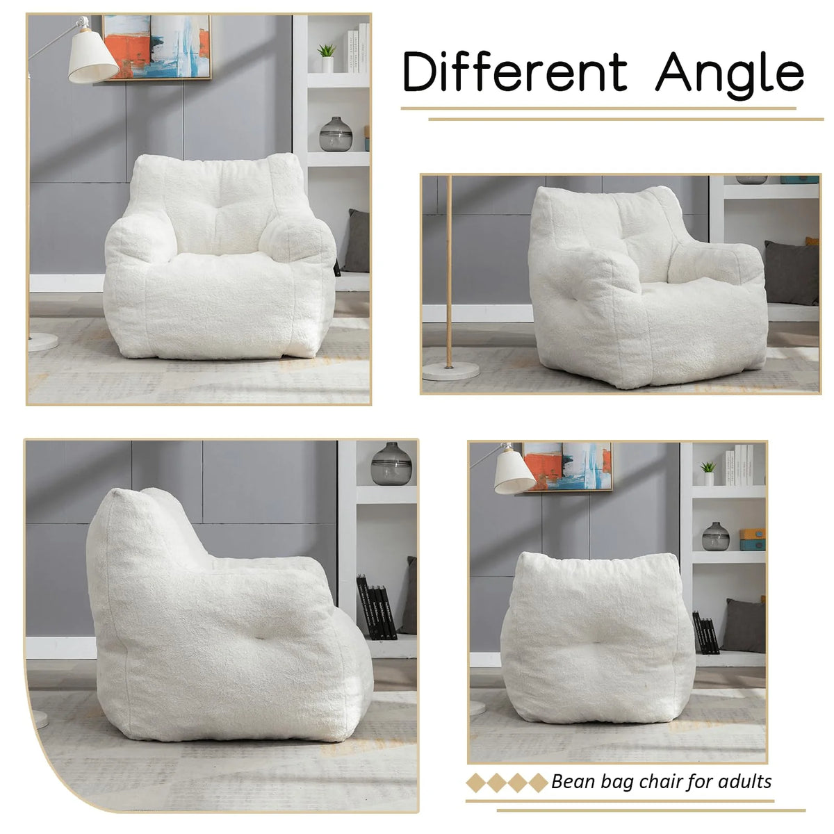 White Tufted Teddy Fabric Bean Bag Sofa with Armrest C677