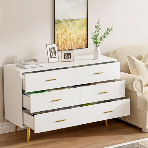 White 6 Drawer Wood Dresser with Gold Metal Handles M65388