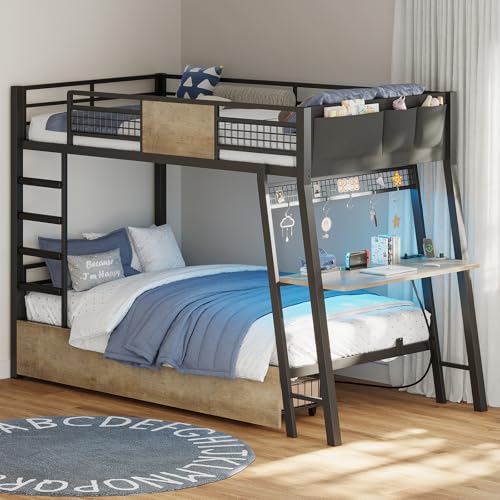 Twin Over Twin Metal Bunk Bed with Desk and Storage Drawers T6051