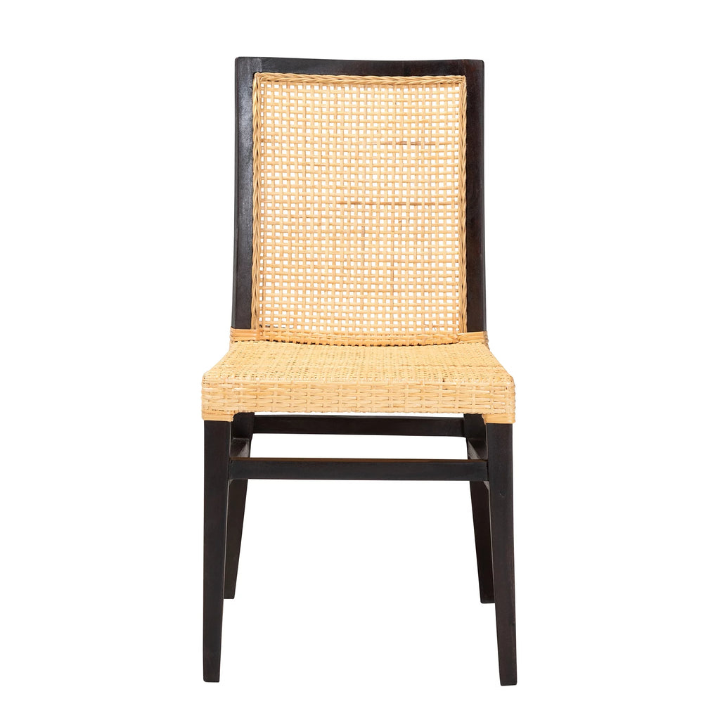 Dark Brown Mahogany Wood and Natural Rattan Dining Chair C3505