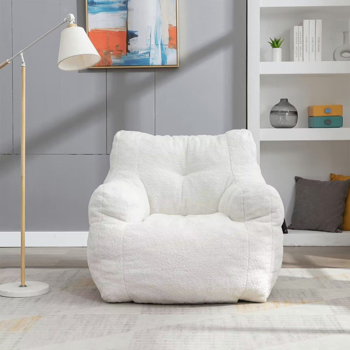 White Tufted Teddy Fabric Bean Bag Sofa with Armrest C677