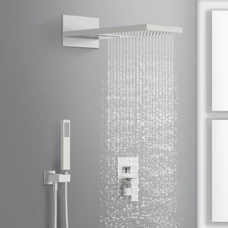 1-Handle 3-Spray Wall Mount Shower Faucet with 9 in. Rainfall Shower Head in Brushed Nickel R782036