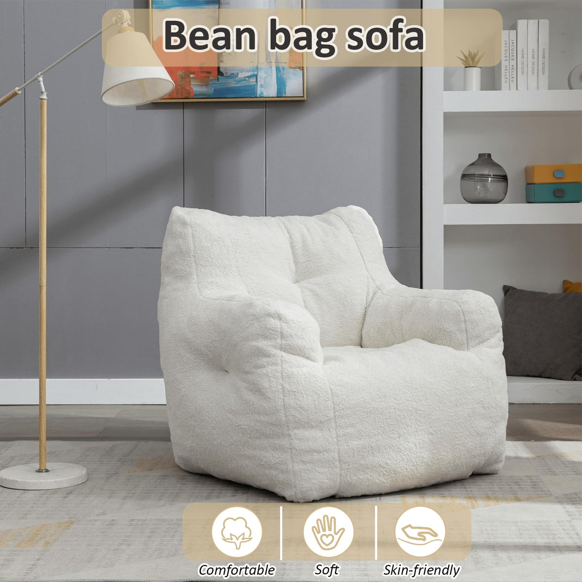 White Tufted Teddy Fabric Bean Bag Sofa with Armrest C677