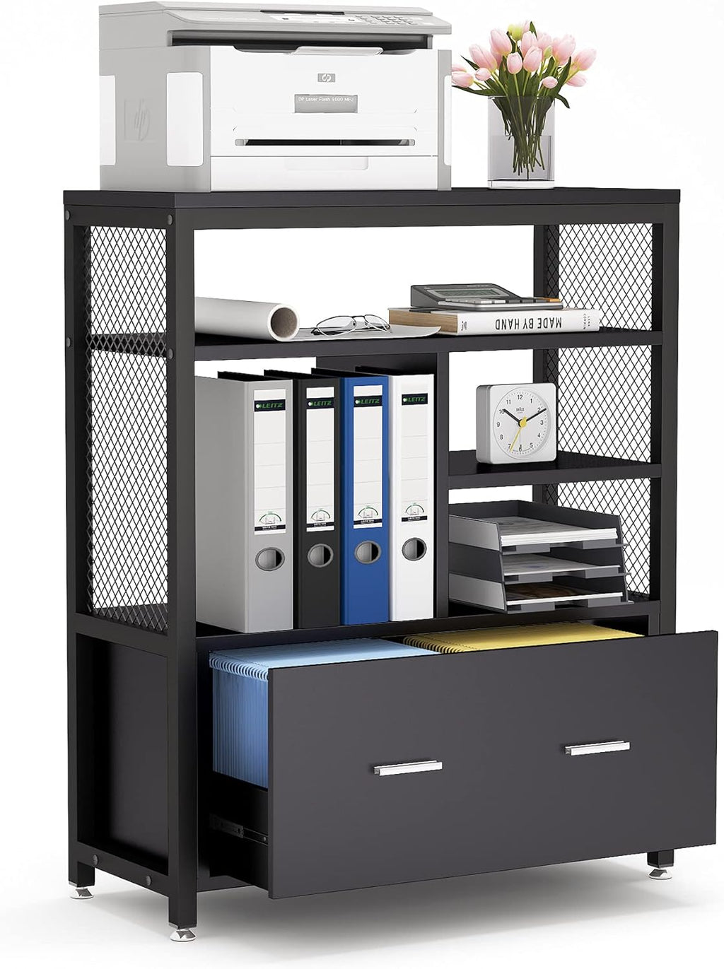 Black Wood Lateral File Cabinet with Drawer and Metal Wire Open Storage Shelves O749152