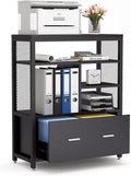 Black Wood Lateral File Cabinet with Drawer and Metal Wire Open Storage Shelves O749152