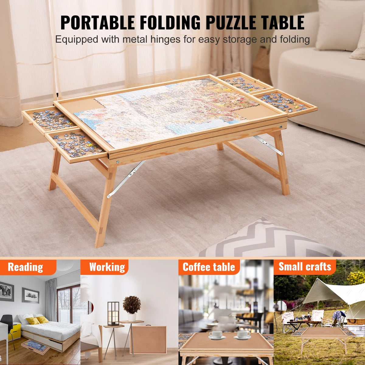 1500 Piece Puzzle Board with Folding Legs & 4 Sliding Drawers 32.7" x 24.6" Wooden Jigsaw Puzzle Table C9209