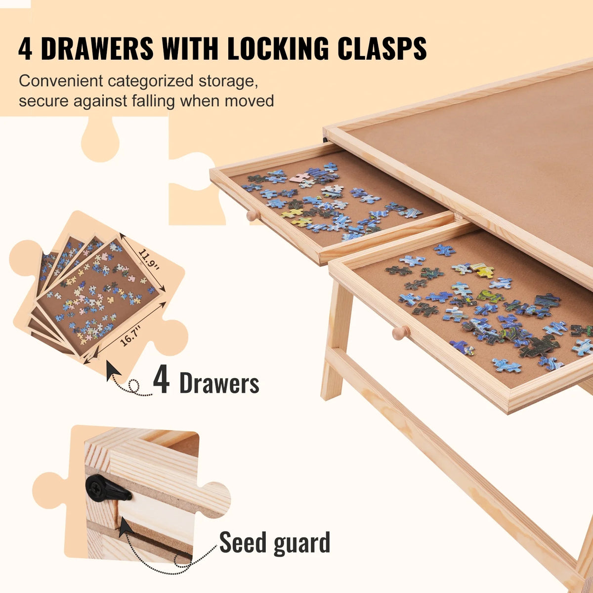 1500 Piece Puzzle Board with Folding Legs & 4 Sliding Drawers 32.7" x 24.6" Wooden Jigsaw Puzzle Table C9209