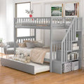 Solid Wood Twin Over Twin Bunk Bed with Trundle and Staircase Gray R49827
