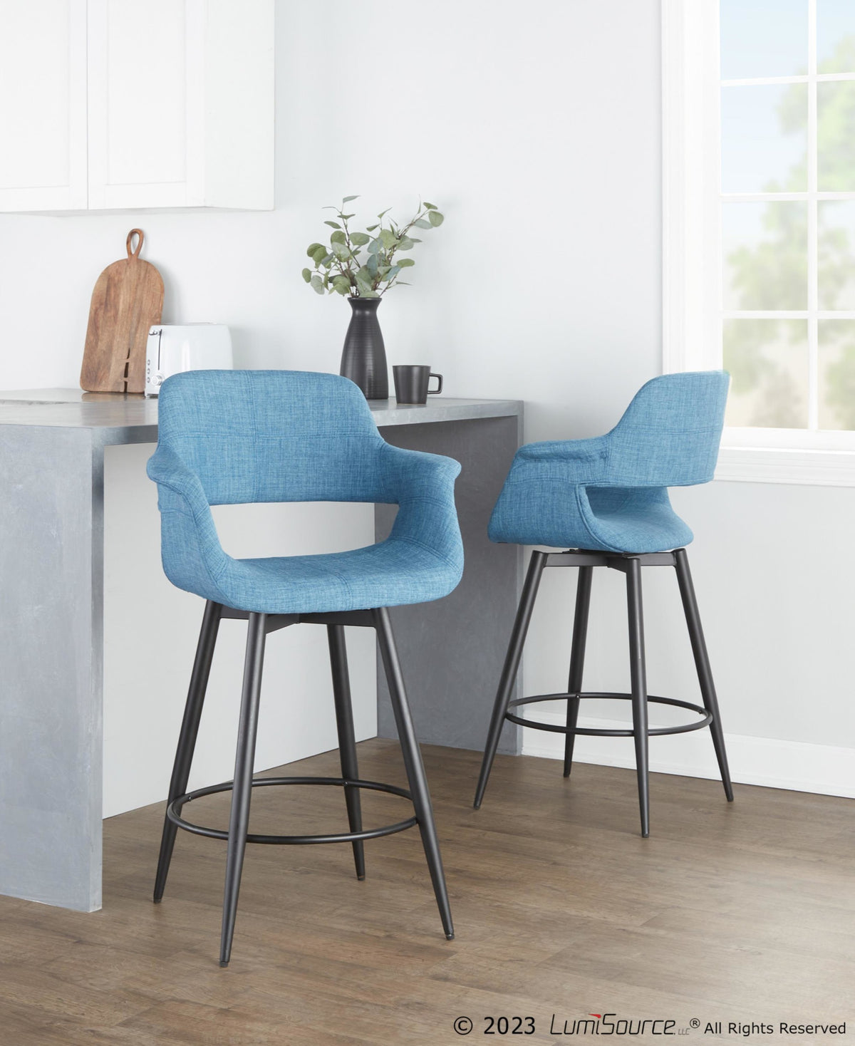 26" Mid-Century Modern Counter Stool with Swivel in Matte Black Metal and Blue Fabric with Round Metal Footrest - Set of 2 V919