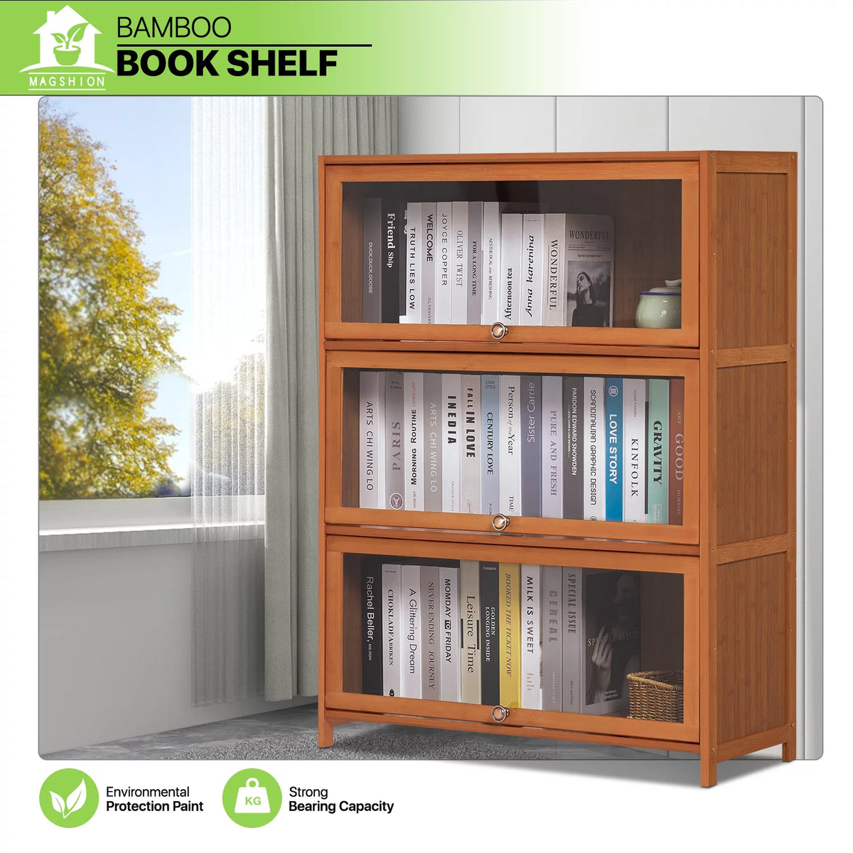 Bamboo 3 Tiers Bookcase with Acrylic Door L85233