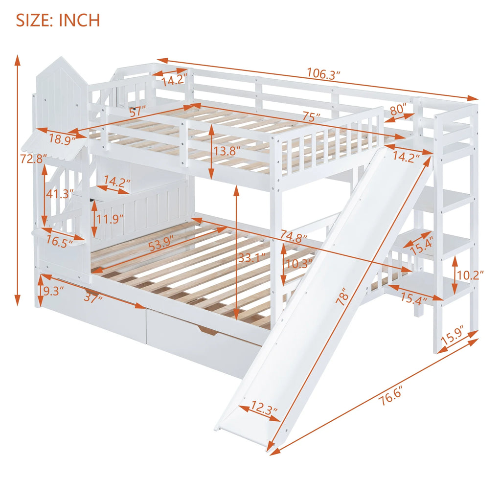 Full Over Full Castle Bunk Bed with Slide, Stairs and Storage Drawers Q676818