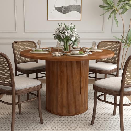 47 inch Round Dining Table with 2-Layer Storage Shelf and Wood Slide Door (Walnut) P74441