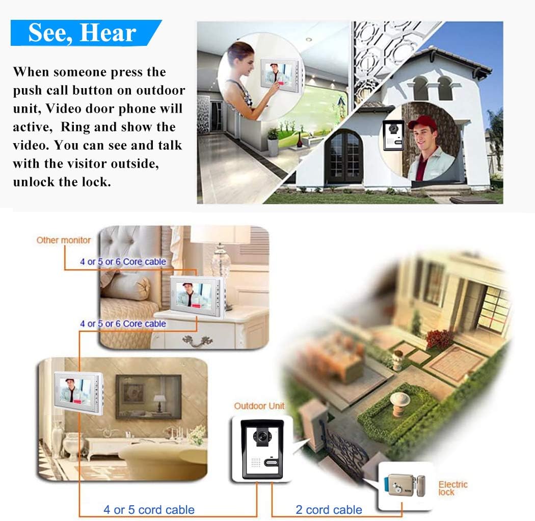 Wired Video Intercom Doorbell System 7 Inches LCD Monitor 1-IR Camera 1-Color Screen H322