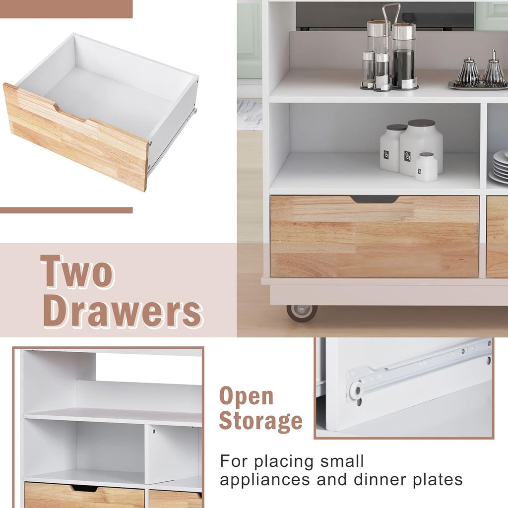 White Rolling Kitchen Island with RubberWood Top, 2 Drawers T912062
