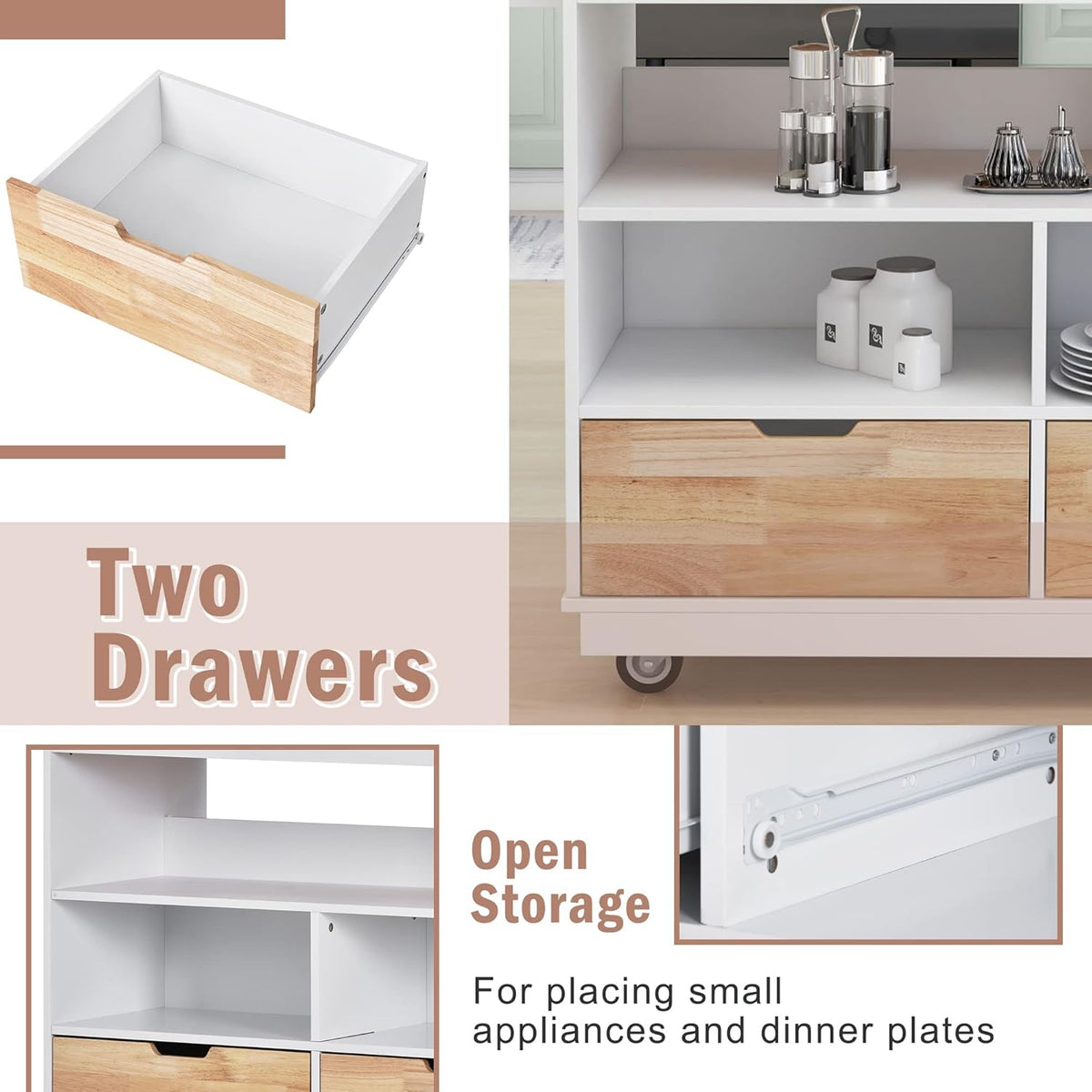 White Rolling Kitchen Island with RubberWood Top, 2 Drawers T912062