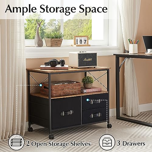 Black 3 Drawer Rolling Printer Stand with Fabric Storage Shelf Y2974