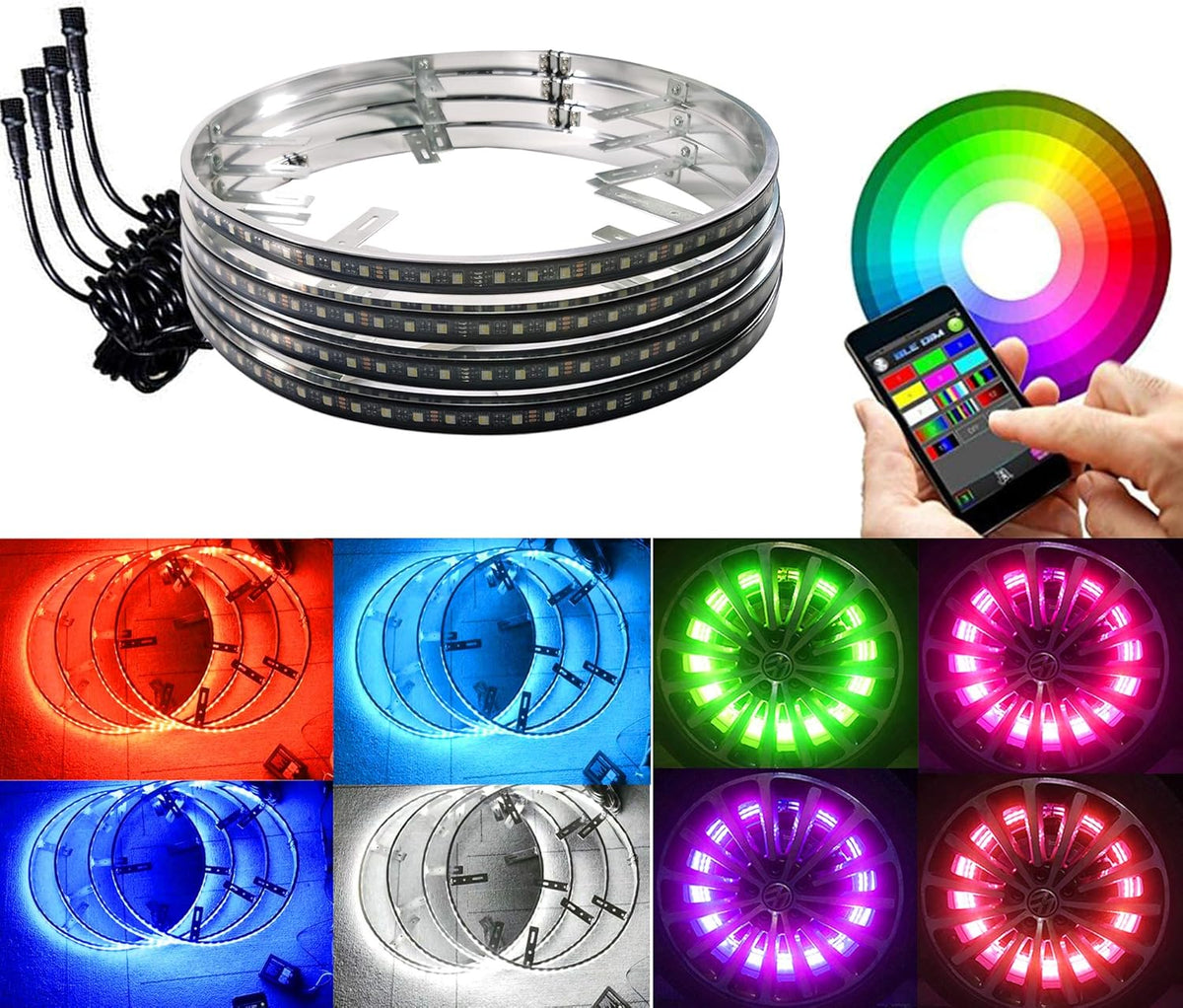 4PC 15.5in RGBW LED Wheel Ring Lights with Brake Function Waterproof Wireless RF Remote Y9245