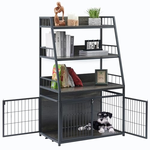 Heavy Duty Wooden Dog Crate with 3 Doors and 3-Layer Storage Shelves L2846