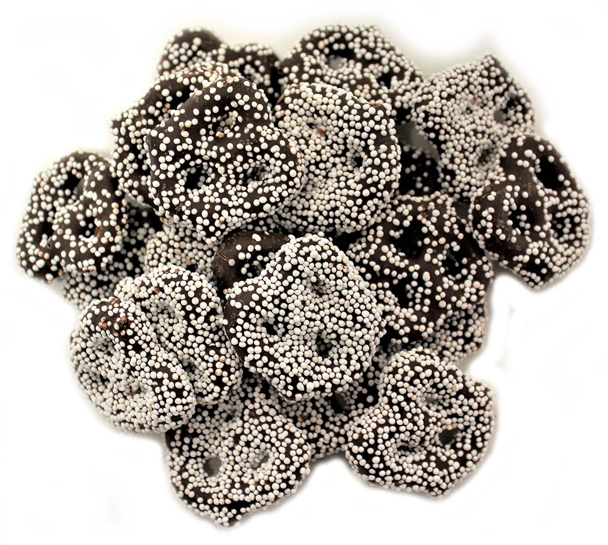 Dark Chocolate Covered Pretzels with White Nonpareil 2 lbs N82820