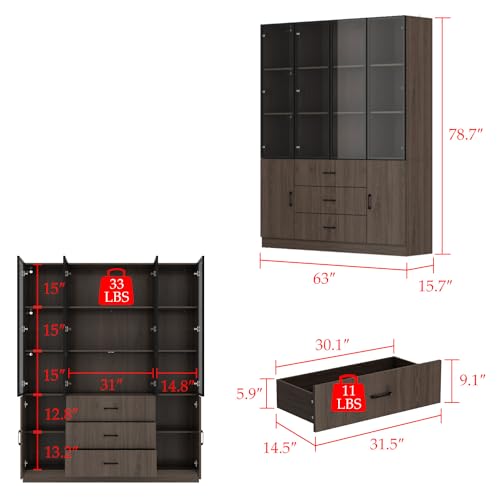 Dark Brown 6 Doors Lighted Kitchen Pantry Storage Cabinet with Glass Doors, 3 Drawers & 5 Tiers Shelf W7452