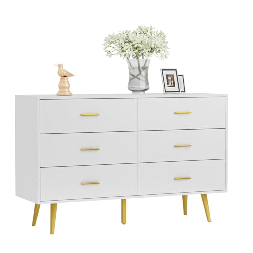 White 6 Drawer Wood Dresser with Gold Metal Handles M65388