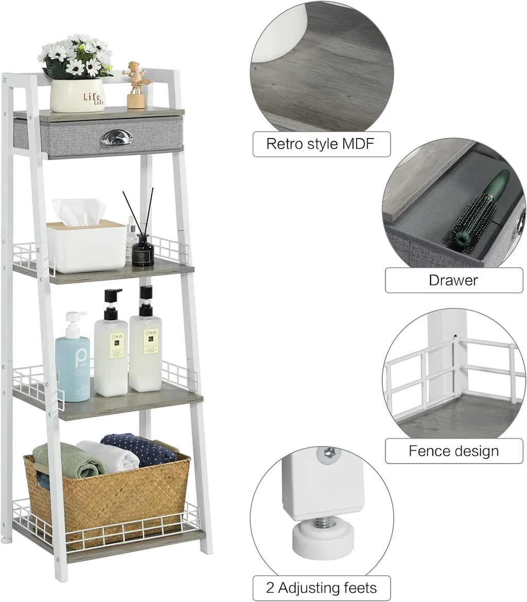 White 4 Tier Ladder Shelf with Drawer R527103