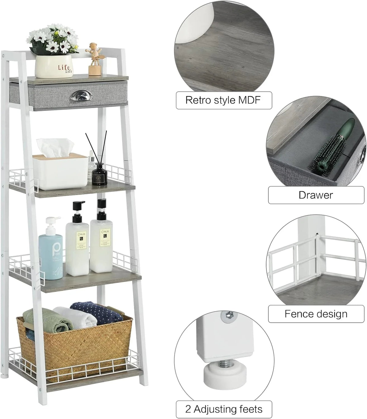 White 4 Tier Ladder Shelf with Drawer R527103