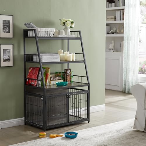 Heavy Duty Wooden Dog Crate with 3 Doors and 3-Layer Storage Shelves L2846