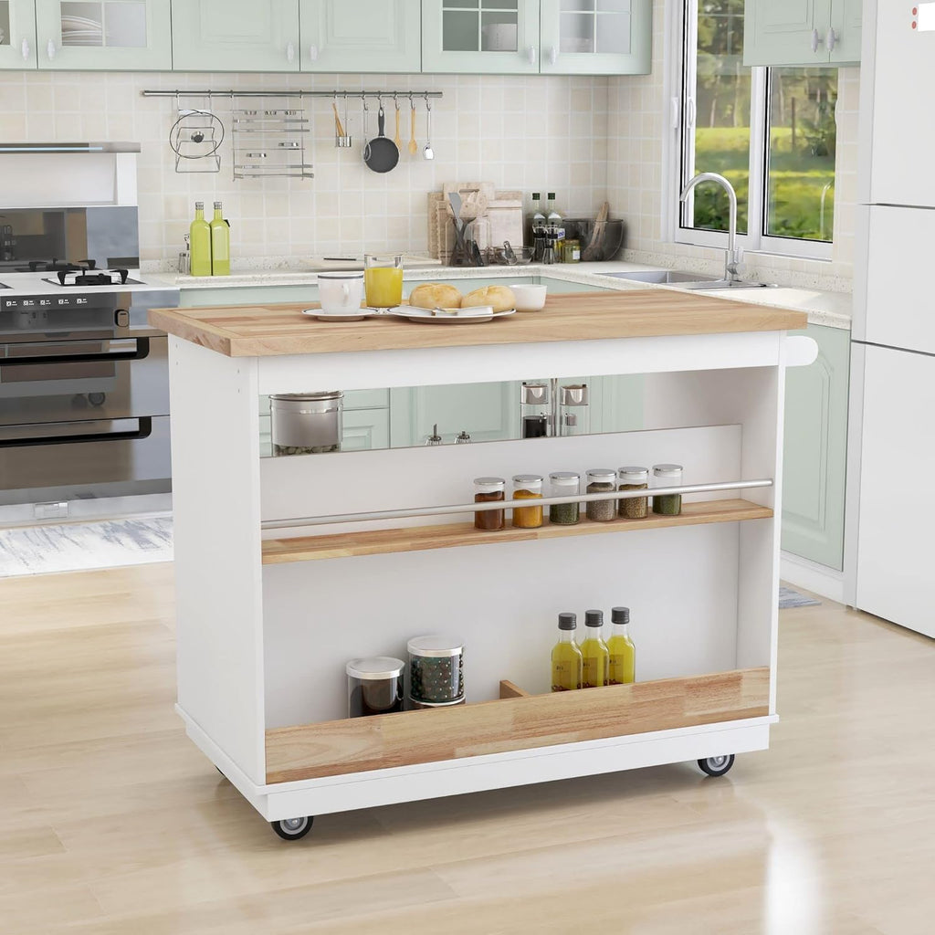 White Rolling Kitchen Island with RubberWood Top, 2 Drawers T912062