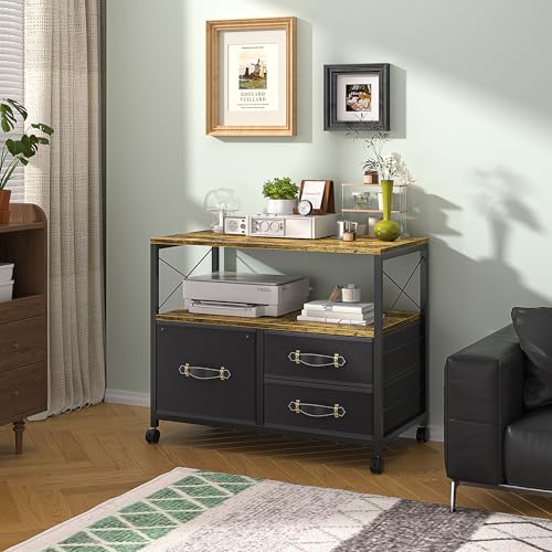 Black 3 Drawer Rolling Printer Stand with Fabric Storage Shelf Y2974
